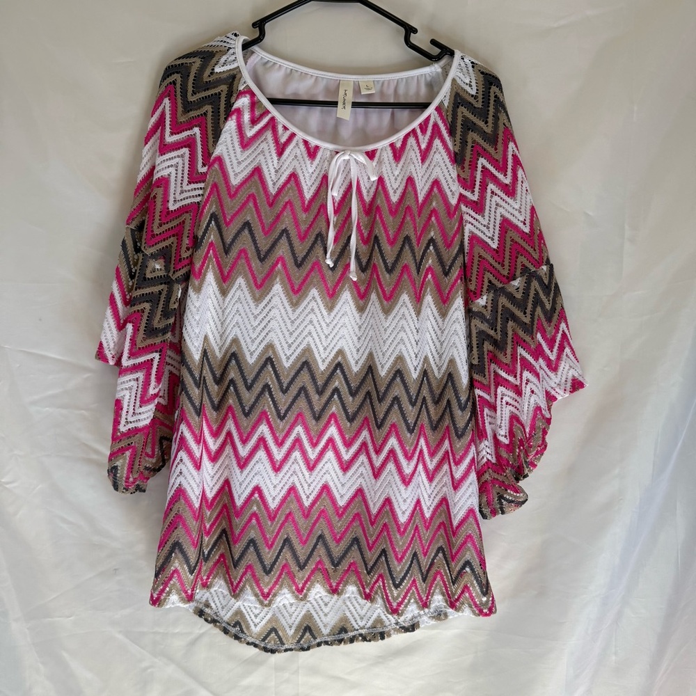 Tacera Pink, White, and Brown Chevron Blouse